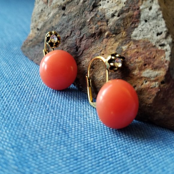 Orange-ish Resin and Rhinestone Leverback Earrings - NWOT - Picture 4 of 9